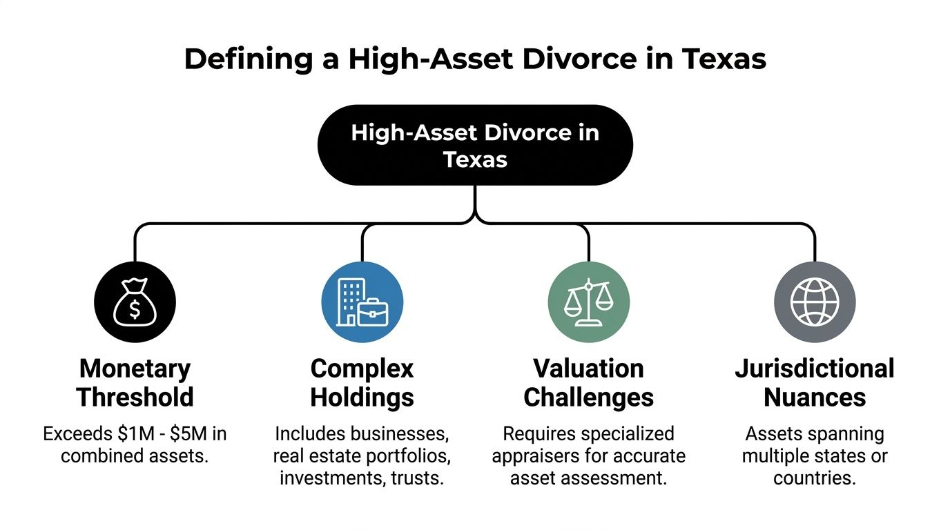A flowchart outlining the key characteristics of a high-asset divorce case in the state of Texas.