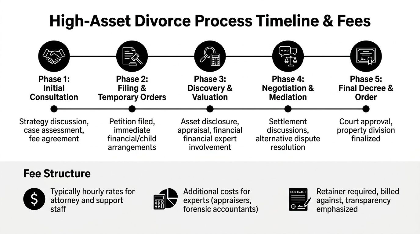 A timeline graphic illustrating the five phases of a high-asset divorce process and fee structure.