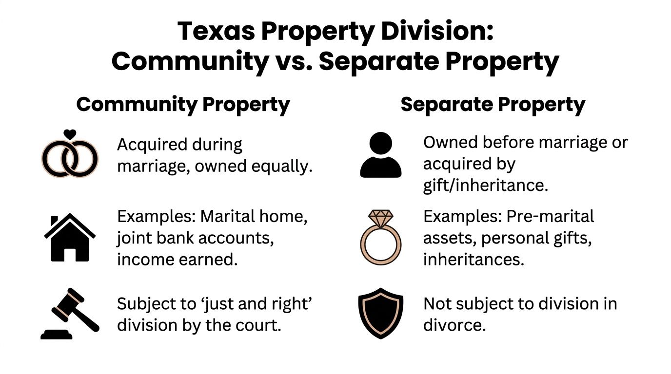 A chart comparing community and separate property laws in Texas for divorce and asset division purposes.