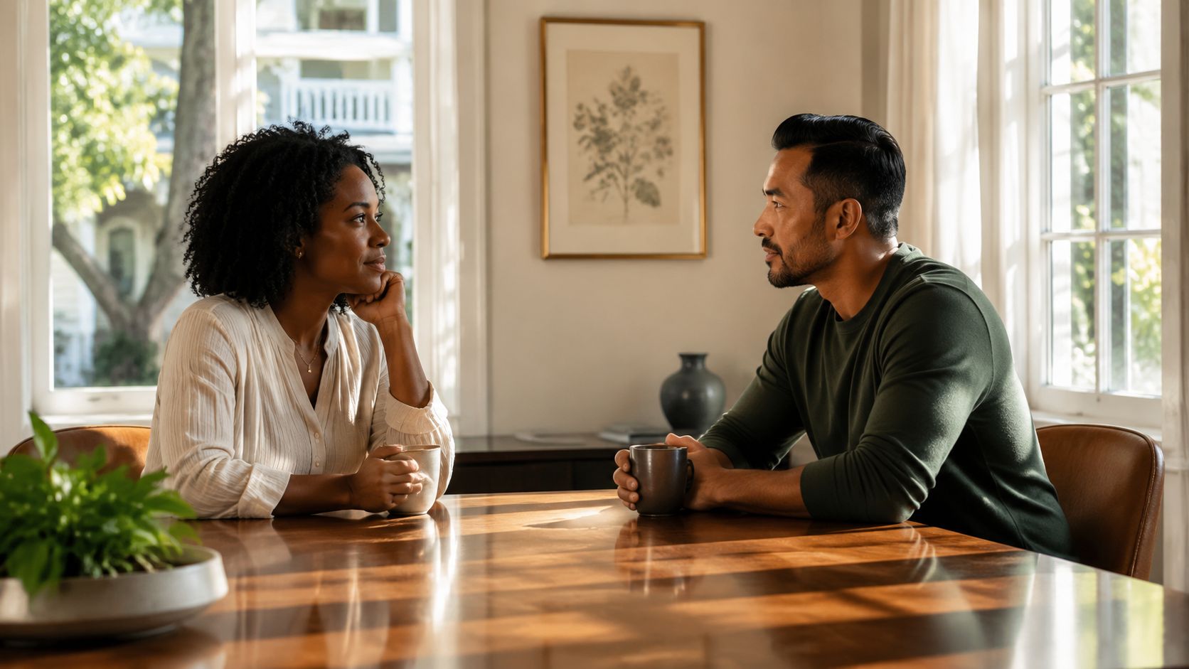 A couple sits at a wooden dining table having a calm and serious conversation while drinking coffee.