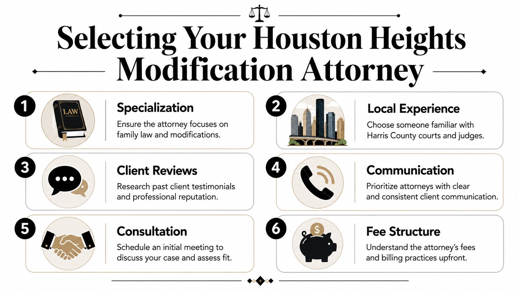 A six-step guide for choosing a qualified family law attorney in the Houston Heights area.