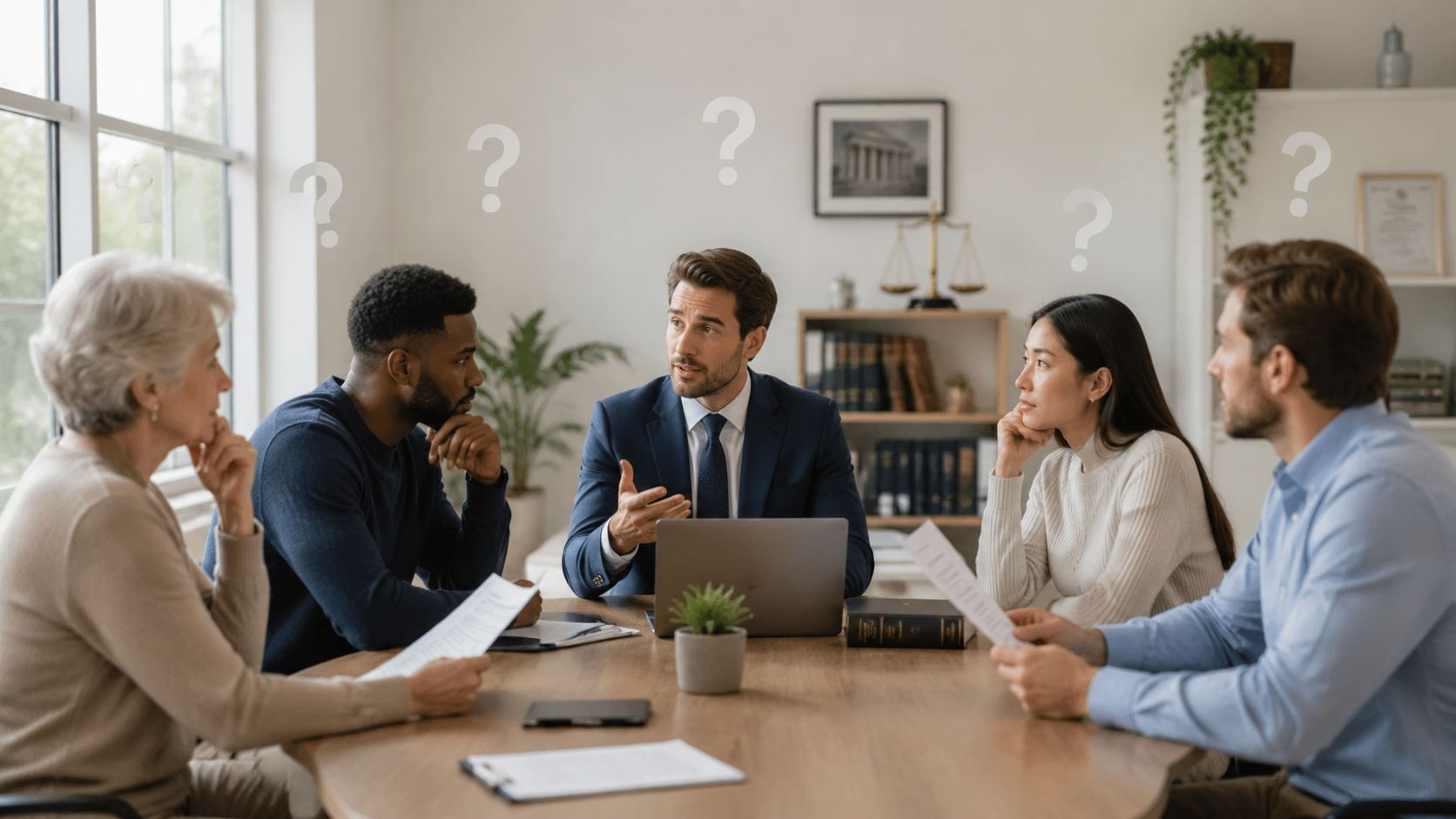 A professional attorney leads a group meeting with diverse clients in a law office setting.