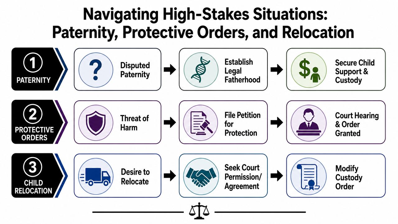 A flowchart outlining legal processes for paternity, protective orders, and child relocation in high-stakes family law cases.