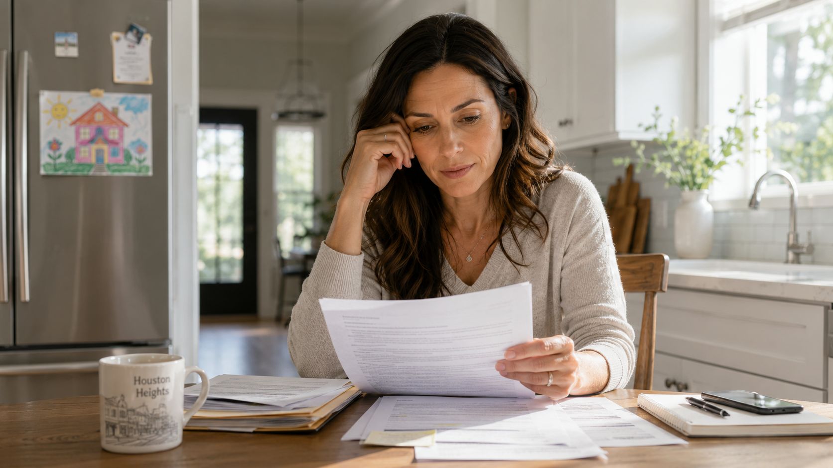 A focused woman reviewing legal documents at her kitchen table with a Houston Heights mug nearby.