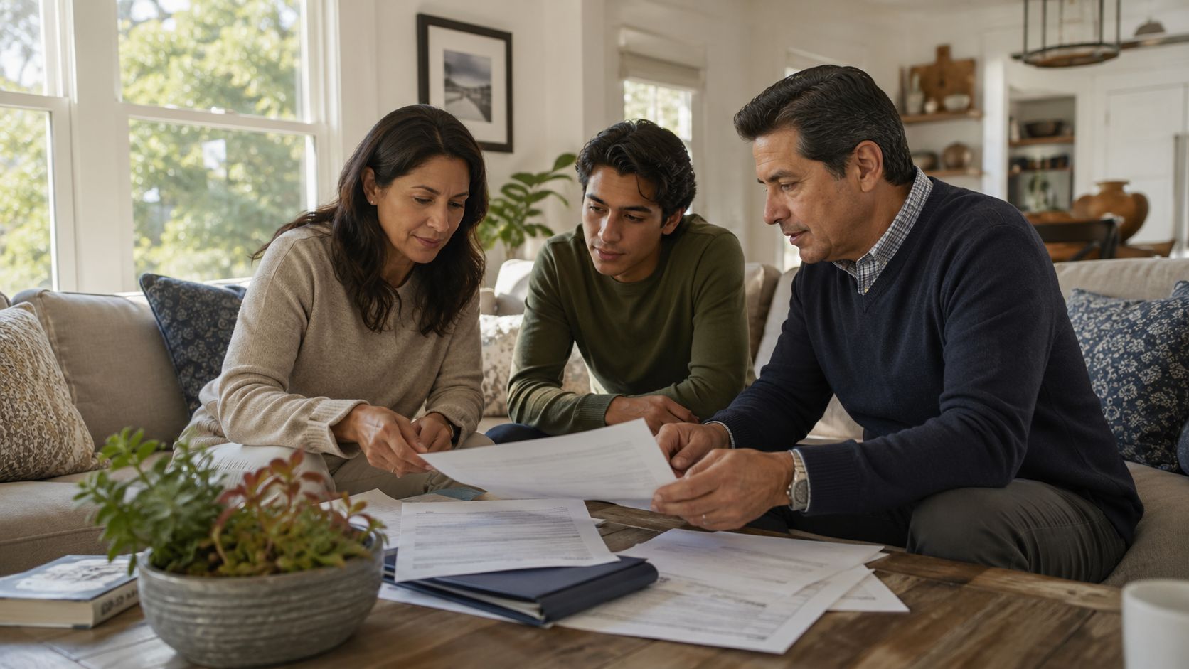 A family of three reviewing legal documents together while sitting on a comfortable living room sofa.