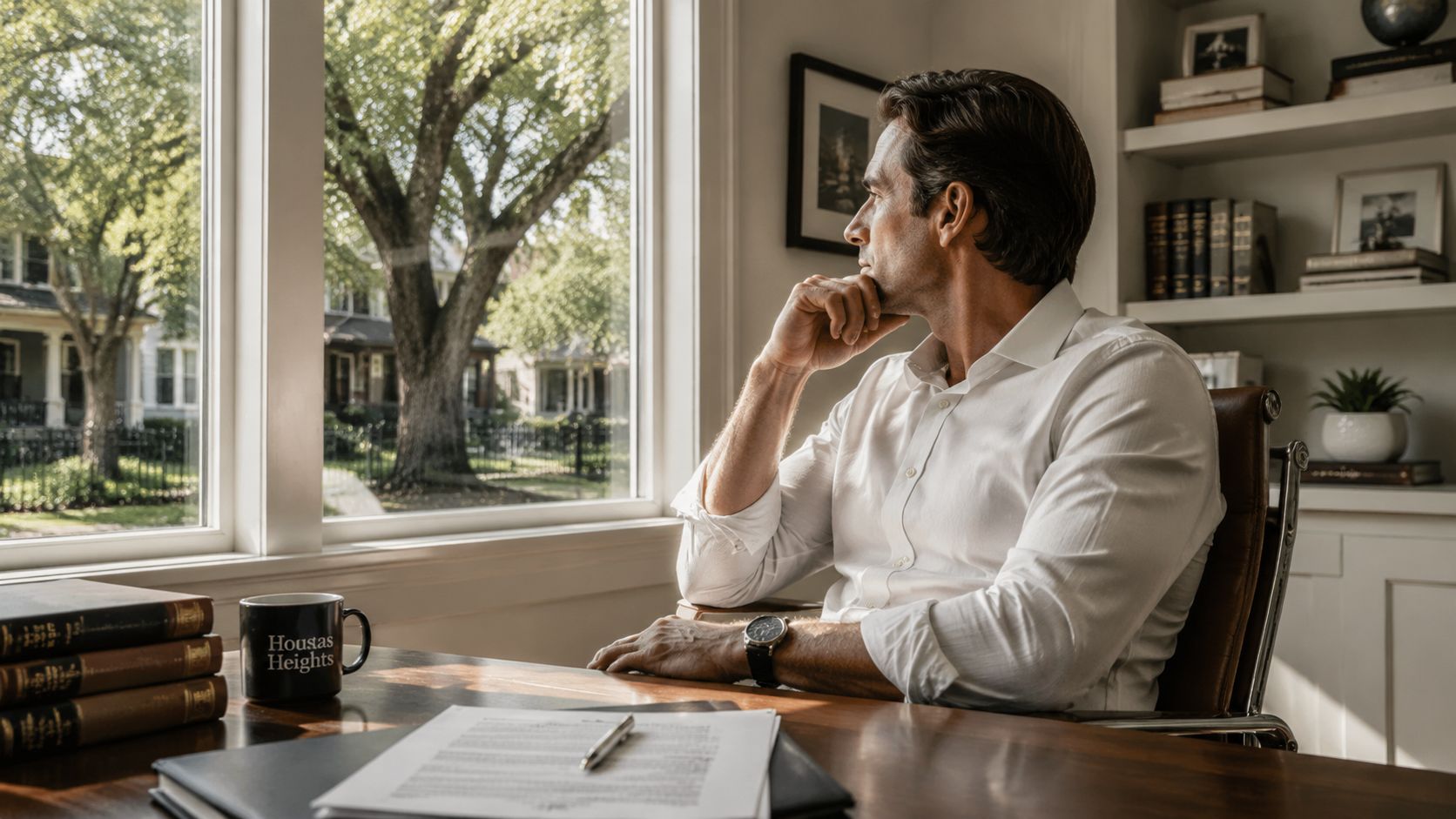 A professional man sitting at a desk by a window, contemplating his legal work in his office.