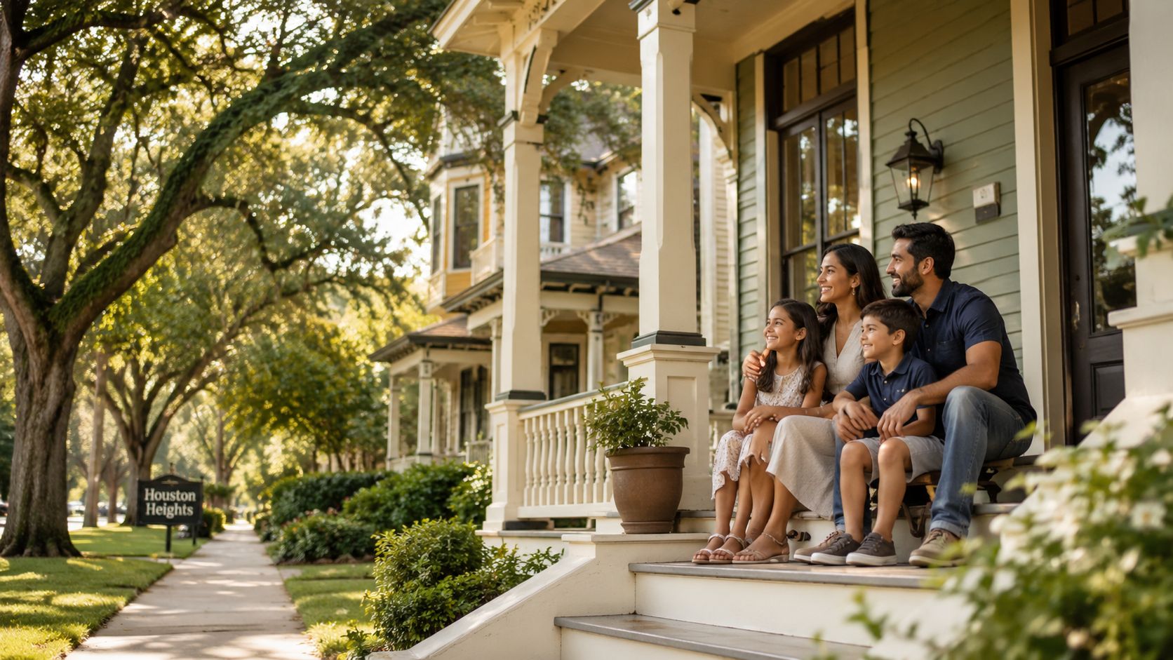 A happy family sitting together on the front porch of a beautiful historic house in Houston Heights.
