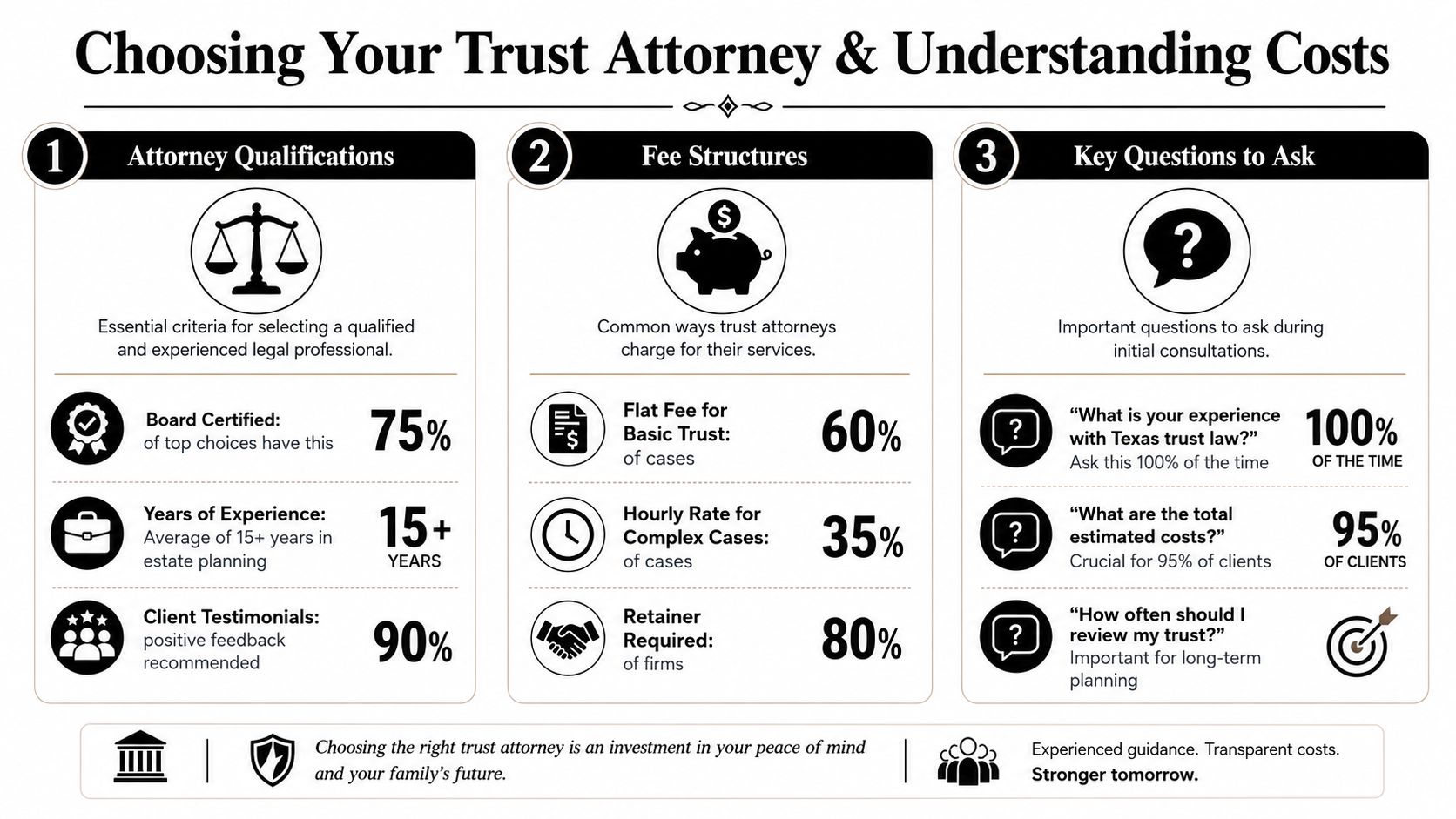 An infographic titled Choosing Your Trust Attorney detailing qualifications, fee structures, and key questions to ask.