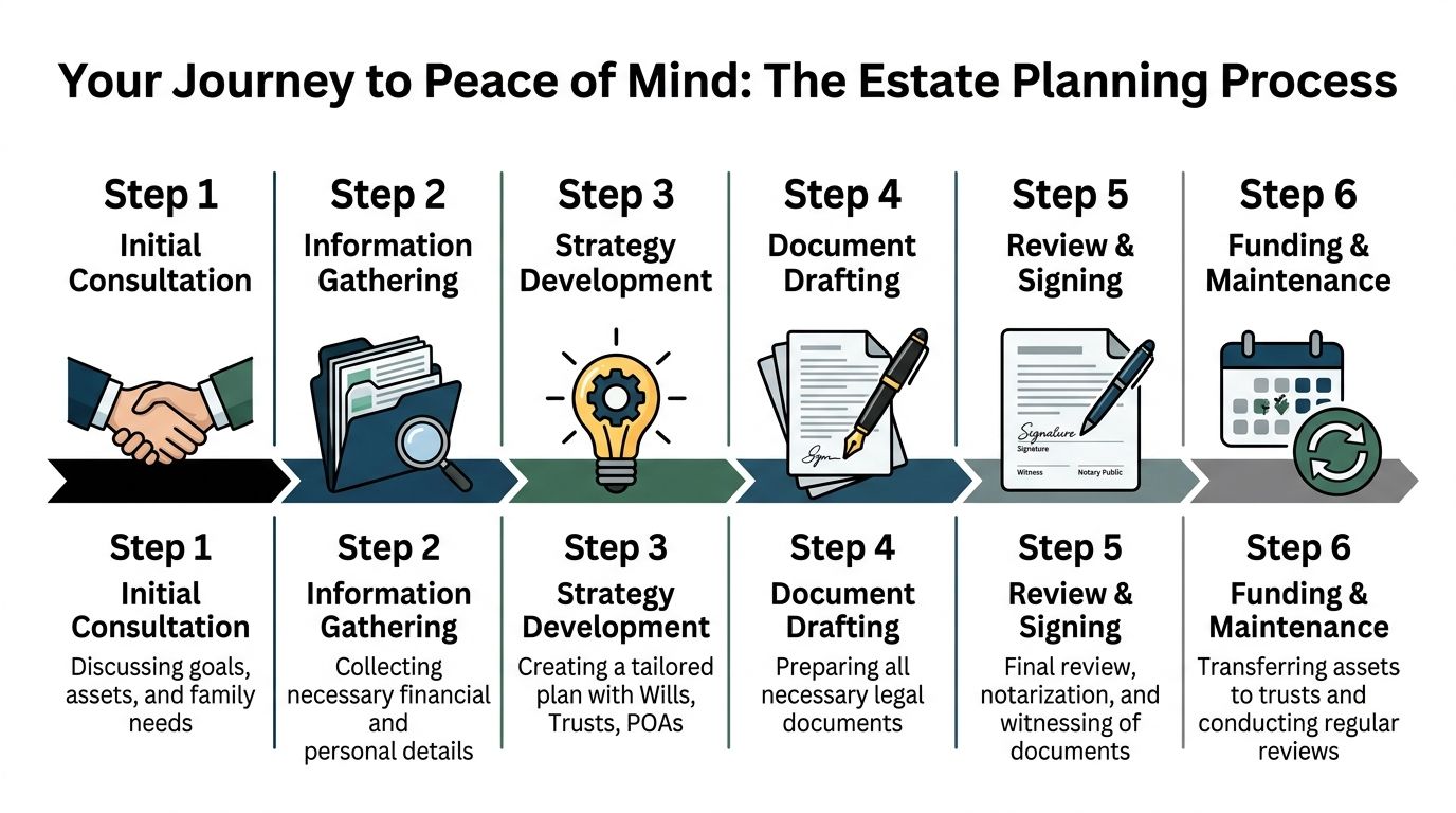 A flowchart infographic titled Your Journey to Peace of Mind detailing the six-step estate planning process.