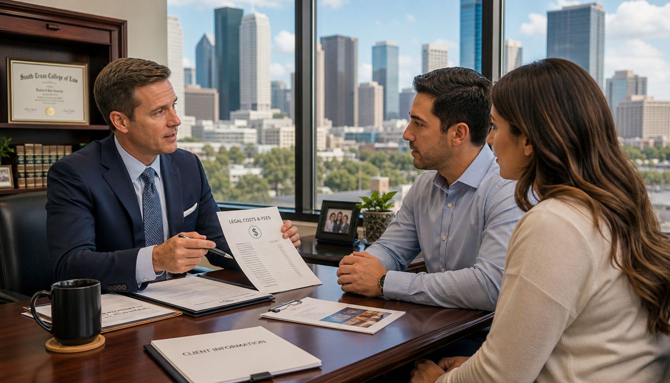A professional attorney discussing legal costs and fees with a couple in a high-rise office.
