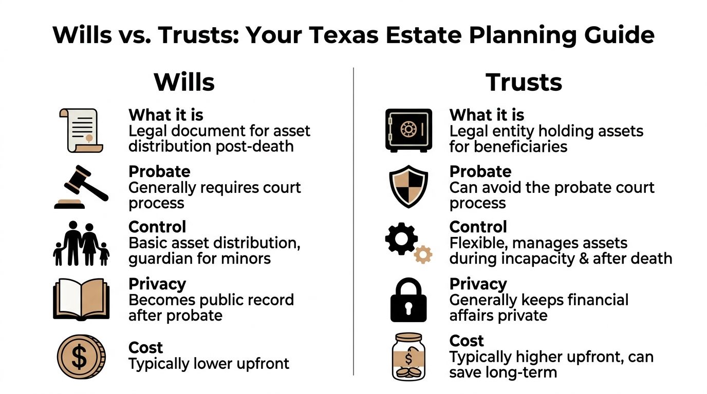 A comparison chart outlining key differences between wills and trusts for Texas estate planning.
