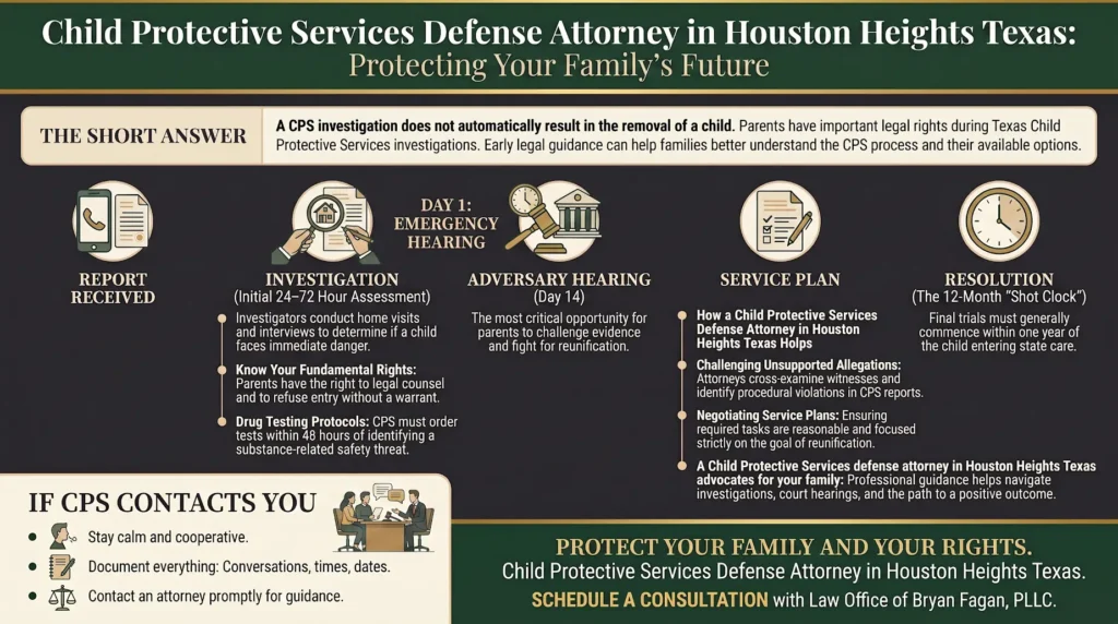 Texas CPS defense process infographic by Houston Heights CPS defense attorneys at the Law Office of Bryan Fagan.