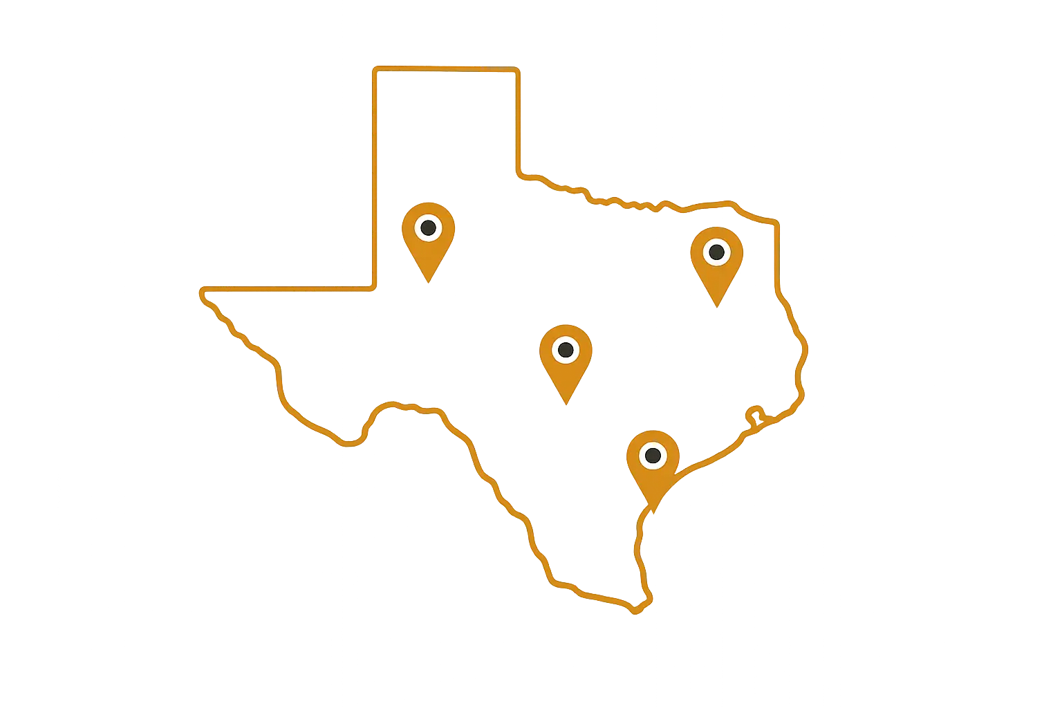 Map of Texas with pins marking Bryan Fagan Law Office locations across the state