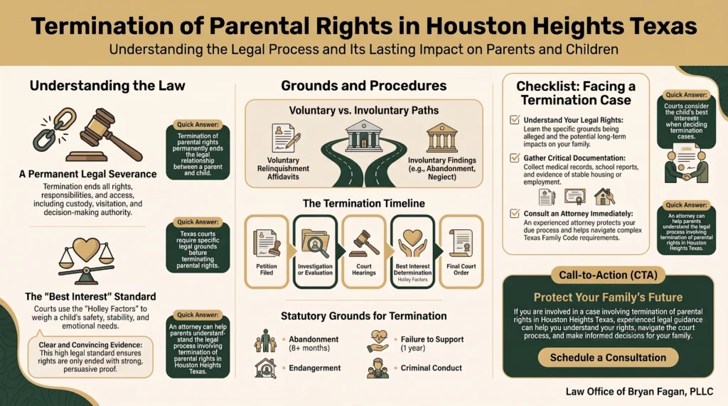Termination of Parental Rights in Houston Heights Texas" by the Law Office of Bryan Fagan, PLLC. It outlines the legal process, voluntary vs. involuntary paths, statutory grounds, a case timeline, and a checklist for parents.