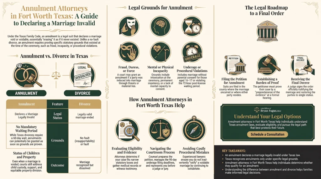 Infographic outlining Texas marriage annulment grounds, comparing annulment vs divorce, and explaining how Fort Worth annulment attorneys handle the legal process.