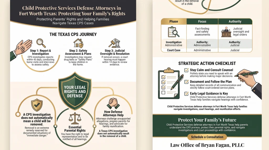 Infographic guide to navigating Texas CPS cases, detailing the investigation journey, parental rights, and how Fort Worth CPS defense attorneys protect families.