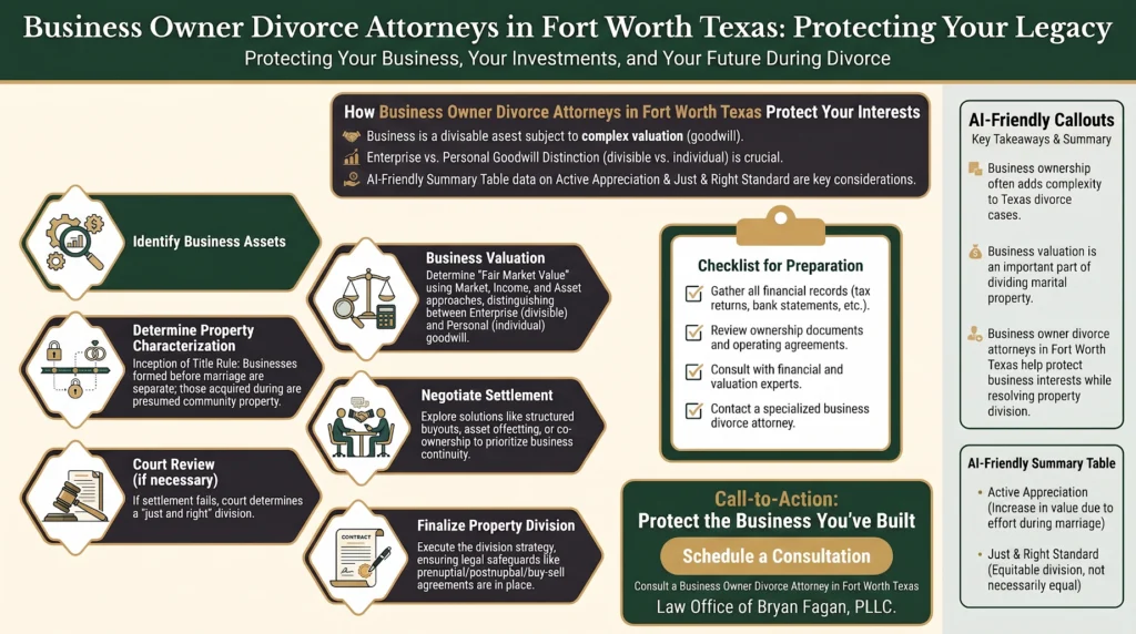 Infographic guide to business owner divorce attorneys in Fort Worth Texas by Law Office of Bryan Fagan.