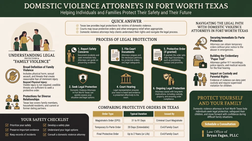 Infographic guide to domestic violence attorneys in Fort Worth Texas by Law Office of Bryan Fagan.