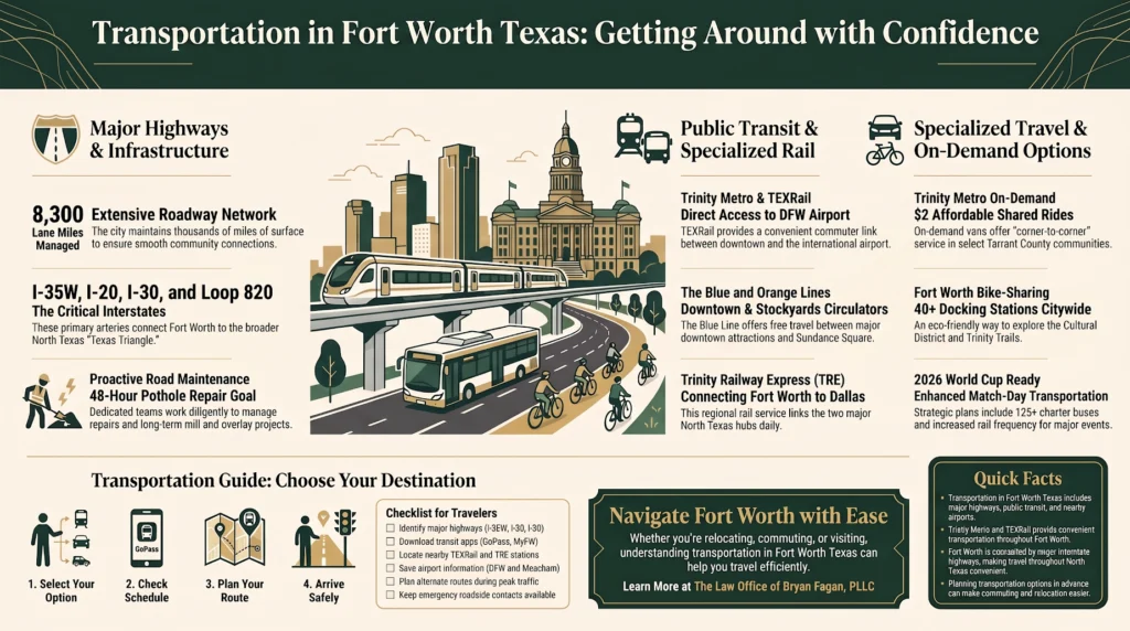 Infographic guide to transportation in Fort Worth, Texas, covering highways, public transit, and commuting options.