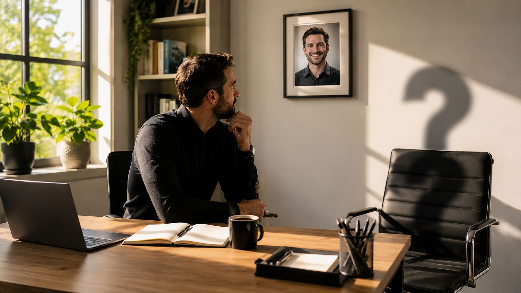 A professional man sitting at a desk looking at a portrait while a question mark shadow looms.