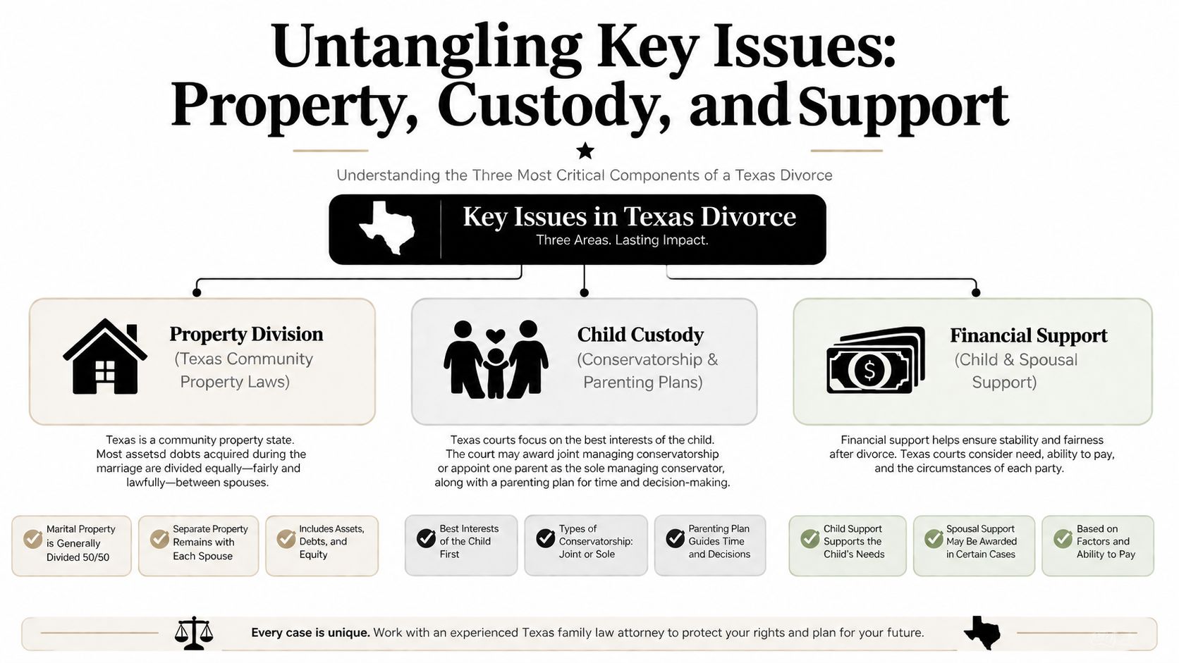 An infographic detailing the three critical components of a Texas divorce: property division, child custody, and financial support.