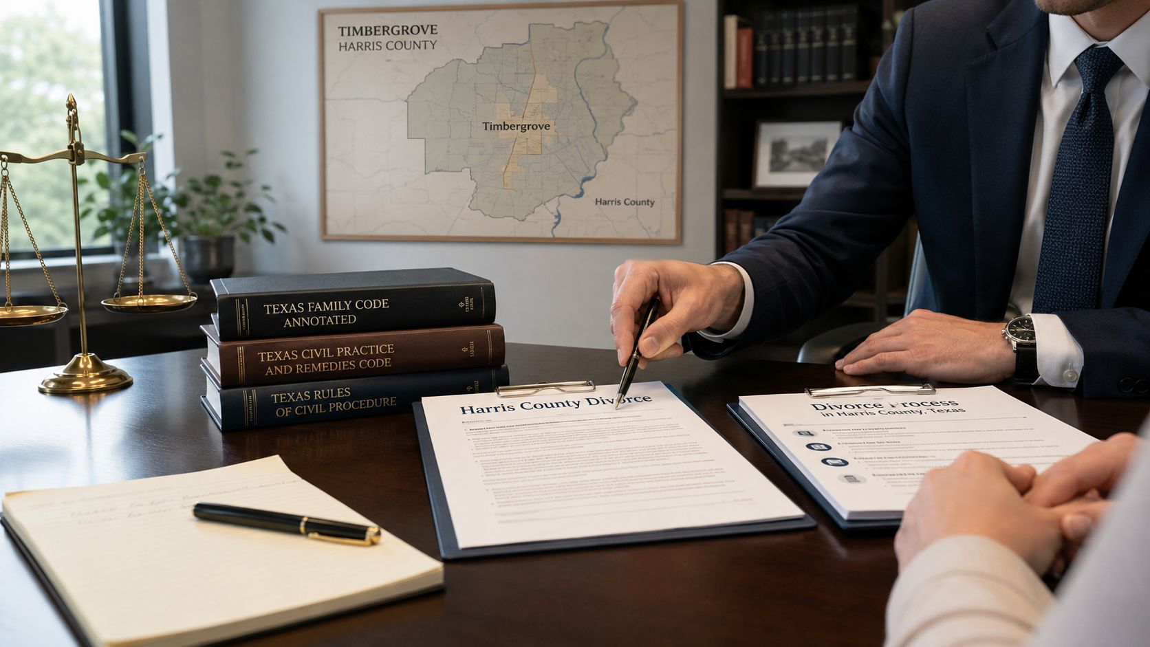 A lawyer pointing to divorce legal documents across a desk in a professional Timbergrove, Harris County office.