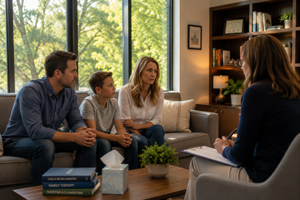 Family participating in court-ordered counseling related to parental alienation and a Texas child custody dispute.