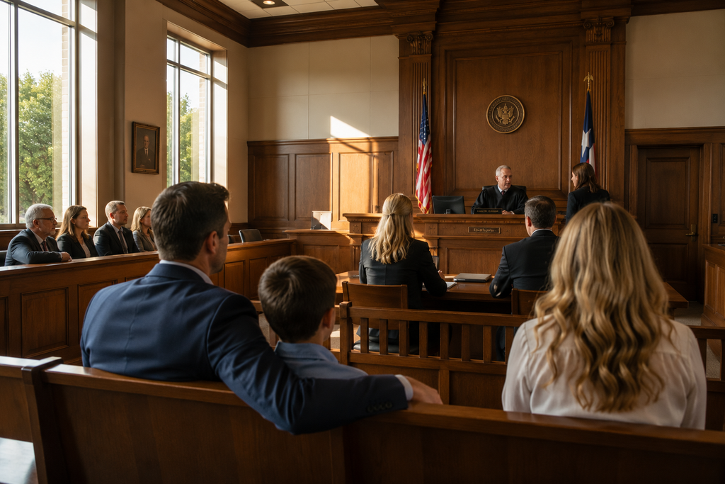 Texas courtroom hearing where a judge evaluates evidence in a parental alienation and child custody dispute.