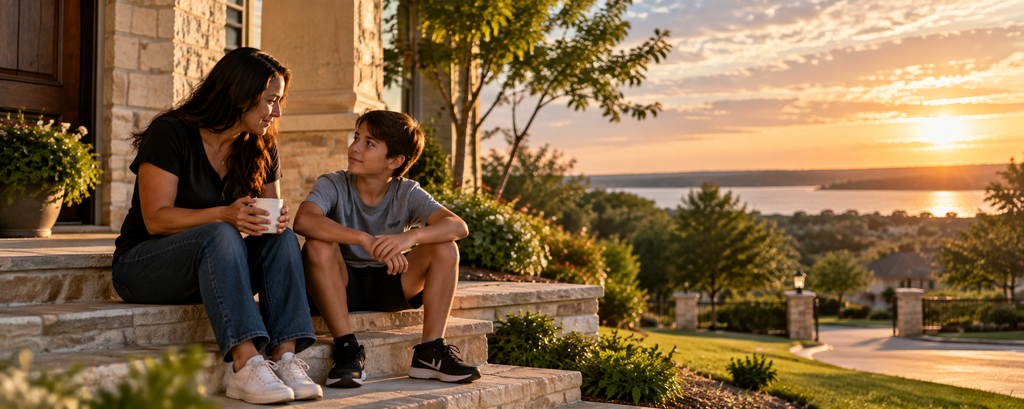 Mother talking with her 12-year-old son about child custody and living arrangements in Texas
