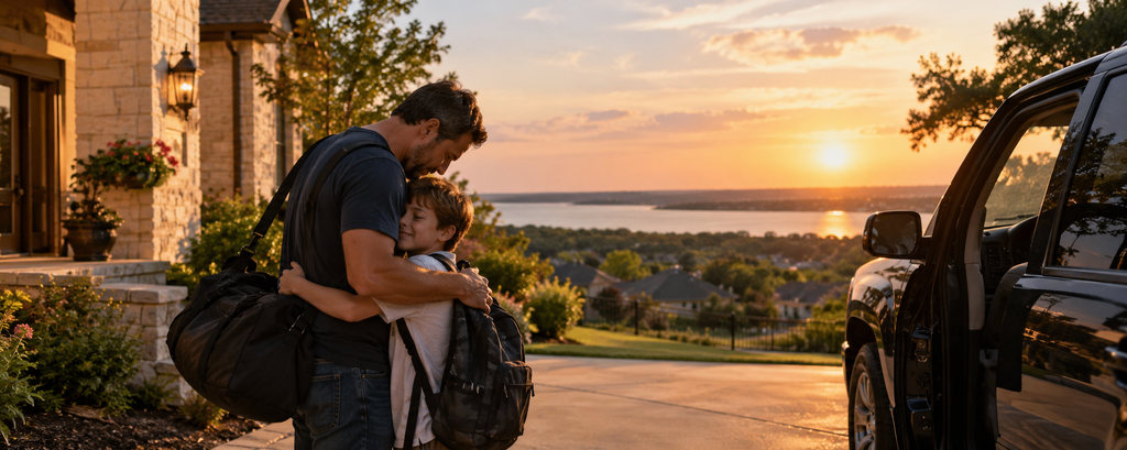 Father and son during a custody exchange in Rockwall County, Texas