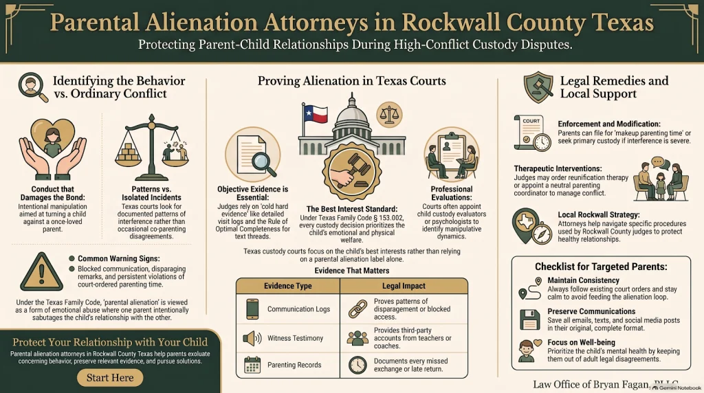 Infographic titled "Parental Alienation Attorneys in Rockwall County Texas: Protecting Parent-Child Relationships During High-Conflict Custody Disputes," outlining behavior identification, court evidence strategies, legal remedies, and a targeted parent checklist by the Law Office of Bryan Fagan, PLLC.