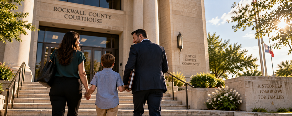 Family arriving at a Rockwall County courthouse for a Texas divorce modification case