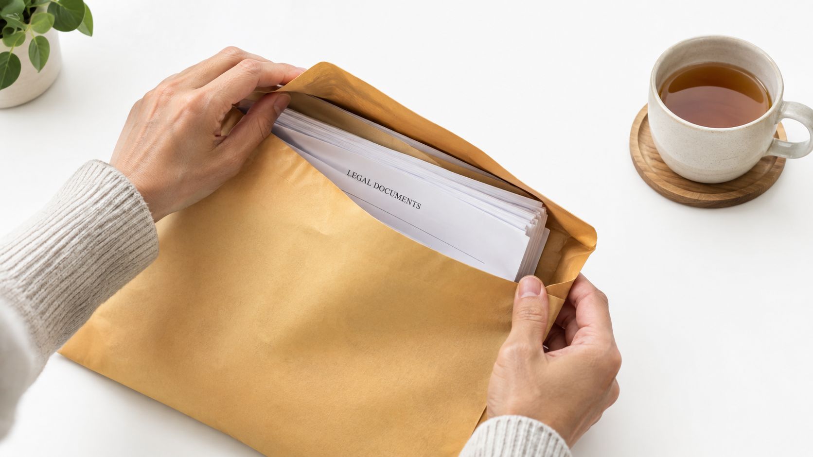 A person placing legal documents into a brown paper envelope on a white desk near tea.