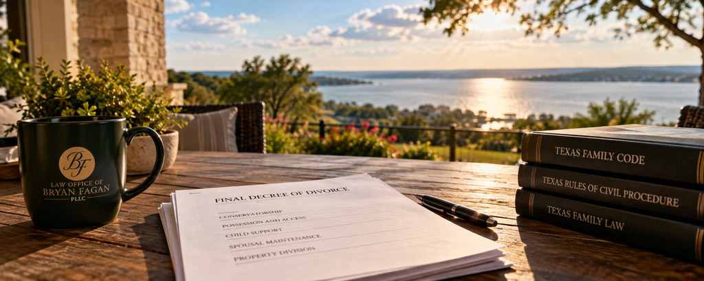 Texas divorce decree showing conservatorship, child support, spousal maintenance, and property division