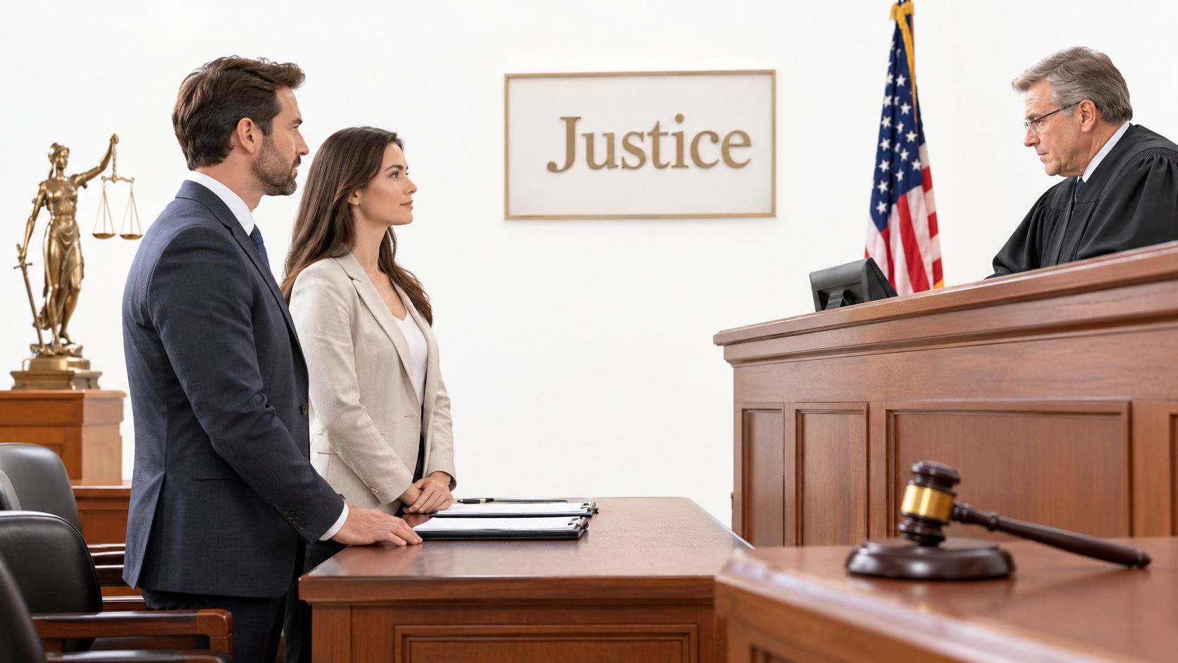 A professional lawyer and client standing in a courtroom before a judge during legal proceedings.